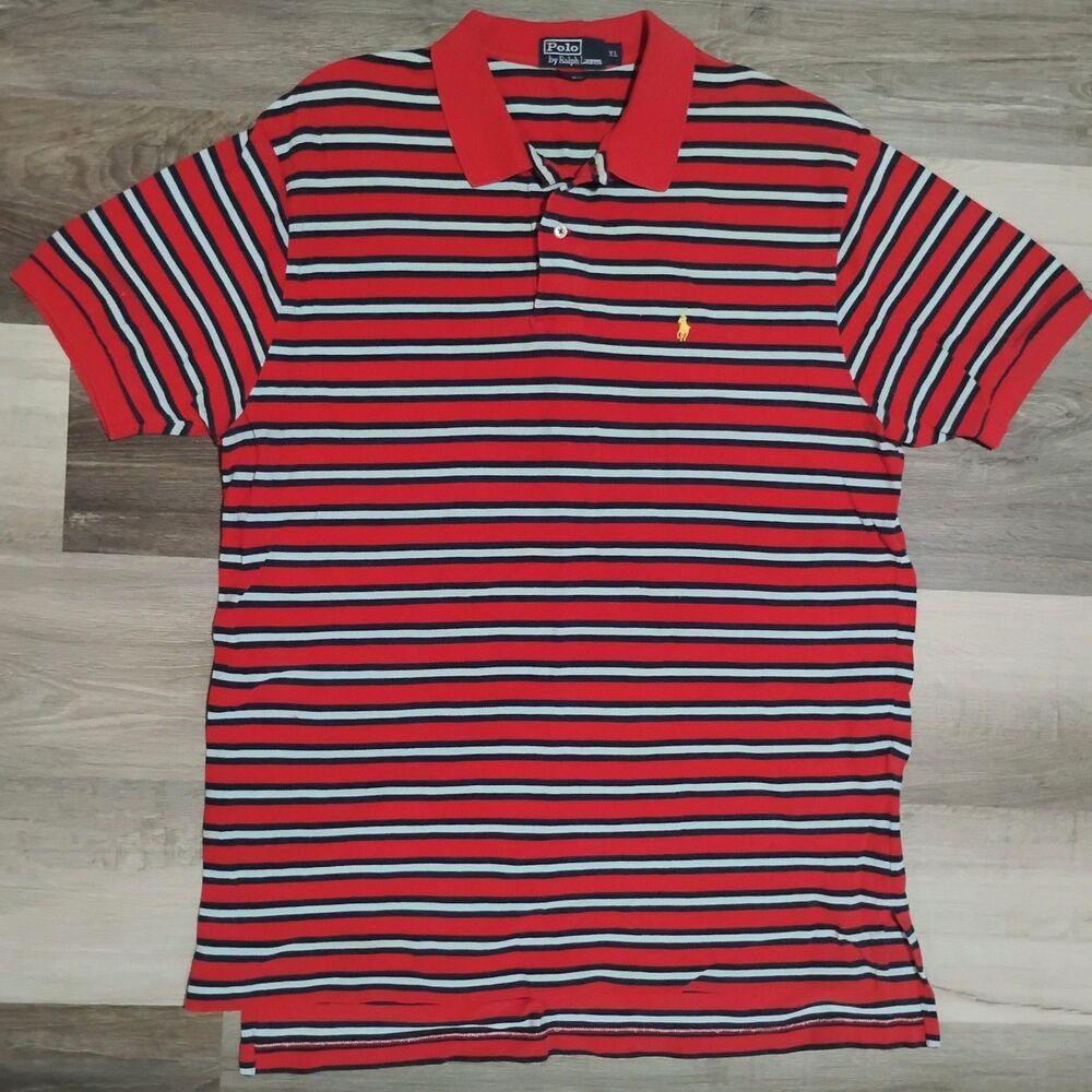 Polo Ralph Lauren Polo Shirt Men XL Red Navy Striped Short Sleeve Cotton